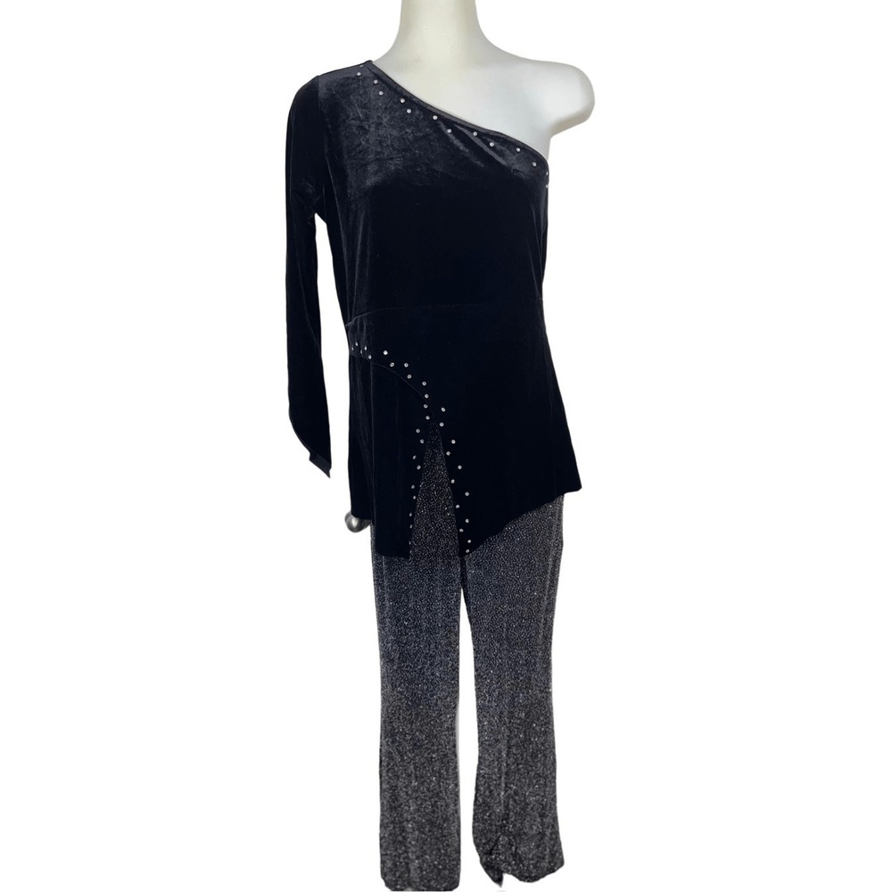 Costume Gallery Velour Rhinestone One Shoulder Outfit Dance Costume M Black 2pc